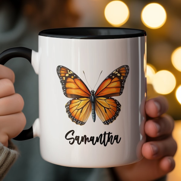 Monarch Butterfly Mug, Personalized Name Coffee Cup, Floral Butterfly Design, Unique Custom Gift, Nature Lover Drinkware, Gift for Women.