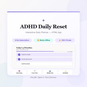 ADHS Tagesplaner-Tool — Interaktive Web-App, keine App erforderlich, funktioniert off-line, Brain Dump, Fokus-Timer, Stimmungs-Tracker, digitaler Download.