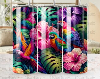 Envoltório para copo de papagaio tropical: design de hibisco e monstera (arquivo PNG)