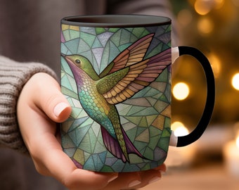 Caneca de Vitral com Beija-flor, Arte Colorida de Pássaro, Presente para Amantes da Natureza