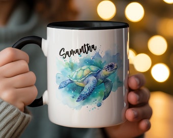 Caneca de café personalizada com tartaruga marinha: aquarela, arte oceânica, 11 oz