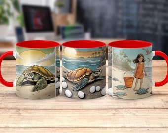 Caneca de café com tartaruga: cena de praia tropical, tartaruga marinha nascendo