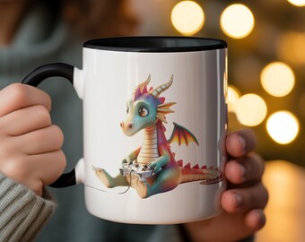 Colorful Dragon Gamer Mug, Cute Gaming Dragon Coffee Cup, Geek Gift, Fantasy Creature Novelty Drinkware, Unique Gaming Accessory