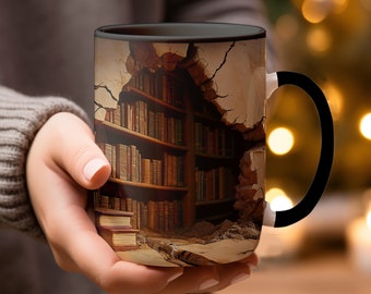 Caneca de biblioteca escondida: design de estante 3D, presente para amantes de livros