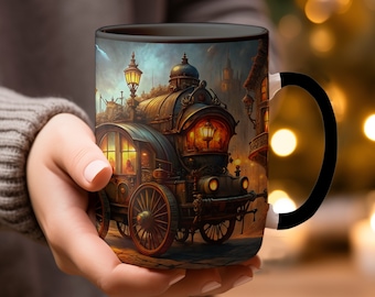 Caneca de carruagem steampunk: xícara de café com arte de fantasia gótica