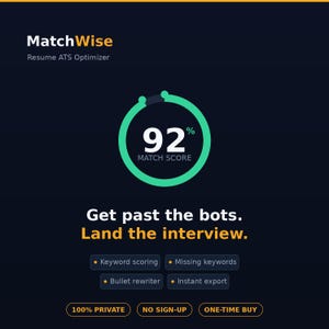 May include: A dark blue digital interface for MatchWise Resume ATS Optimizer featuring a bright green circular progress bar displaying a 92% match score. Text includes Get past the bots. Land the interview. and features like Keyword scoring.