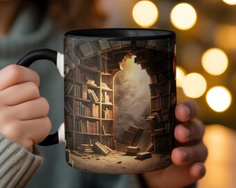 Caneca de biblioteca encantada: xícara de café com estante 3D, presente para amantes de livros