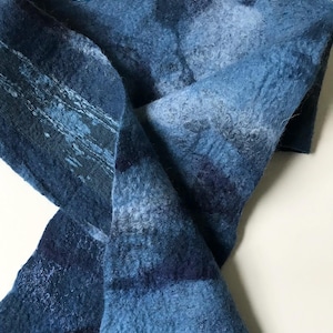 Nuno Felted Merino Wool Scarf, Resist Dyed Blue Silk Chiffon