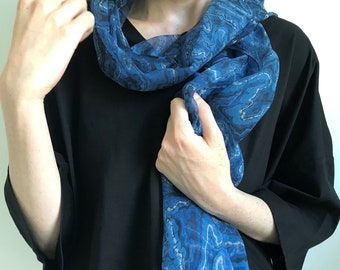 Sea wave silk chiffon one off long scarf blues, black and white hand dyed and hand painted resist batik