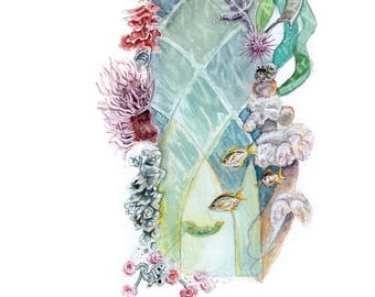 Little Mermaid Inspired Watercolor Fine Art Print: Little Literary Windows Series, nursery art, teacher librarian gift, home school