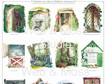 24x36 Literary Windows Watercolor Poster: Limited Edition, Features 16 Classic Children's Books, nursery art, teacher gift, home school