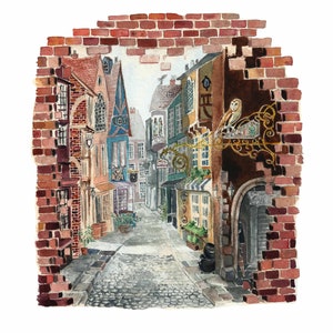 Wizard & Magic Alley Watercolor Art Print: Literary Windows Series, nursery art, bookish gift, book club, classics collection, librarian