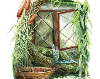 Wind in the Willows Inspired Watercolor Fine Art Print: Literary Windows Series, nursery art, librarian teacher gift, classroom, home school