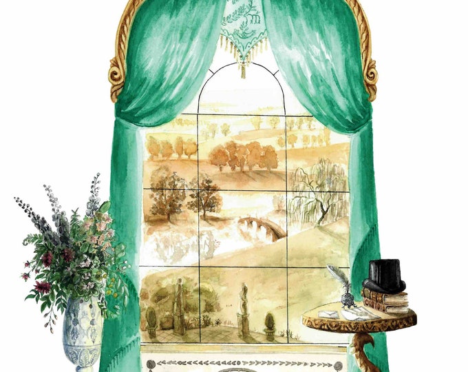 Regency book lover gift Pride /& Prejudice 8x10 Watercolor Fine Art Print: Literary Windows Series classic literature Jane Austen