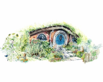 The Shire Literary Garden 9x12in Fine Art Print inspired by The Hobbit