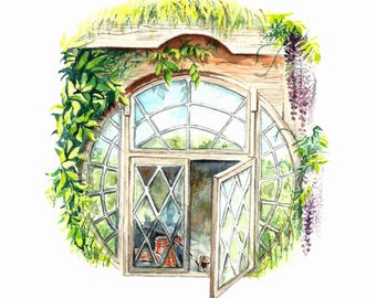 The Hobbit Inspired Watercolor Fine Art Print: Literary Window Series, Tolkien, Shire, Nursery art, teacher gift, book club gift