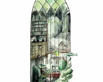 Ambitious and Cunning Magical Room Window: Watercolor Art Print, witch, wizard, magic