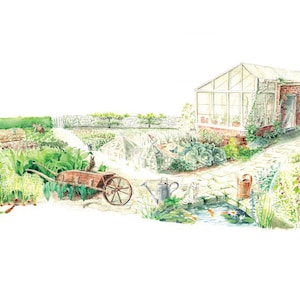 May include: A watercolor painting of a garden with a greenhouse, a pond, a wheelbarrow, and various plants. The greenhouse is made of glass and has a brick base. The pond is surrounded by rocks and has a few lily pads. The wheelbarrow is made of wood and has a metal wheel. The plants are a variety of greens and flowers.