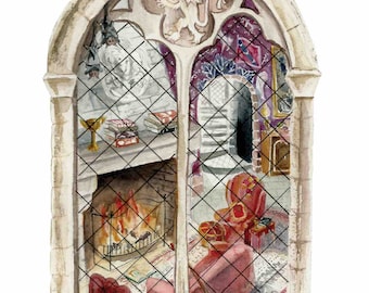 Courageous and Brave Common Room Window: Watercolor Art Print, wizard, magic, library