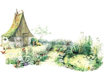 The Burrow Literary Garden 9x12in Fine Art Print inspired by Magical Wizarding Families