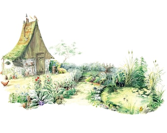 The Burrow Literary Garden 9x12in Fine Art Print inspired by Magical Wizarding Families