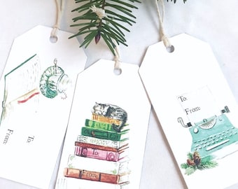 Printable Bookish Holiday Gift Tags, 8.5x11 Watercolor, Downloadable Christmas Present Tags, Literary Gift Tags, Holiday Wrapping