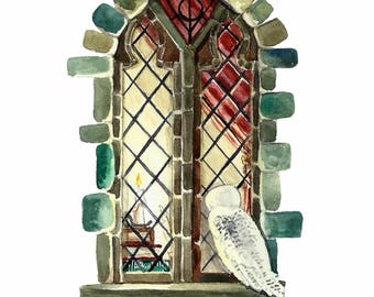 Wizard & Snowy Owl Watercolor Art Print: Literary Windows Series, nursery art, bookish gift, book club, classics collection, librarian