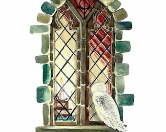Wizard & Snowy Owl Watercolor Art Print: Literary Windows Series, nursery art, bookish gift, book club, classics collection, librarian