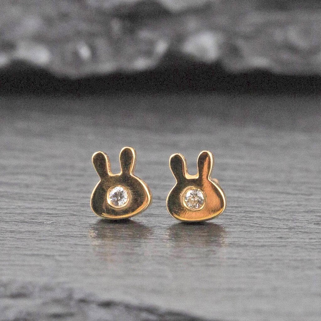 Rabbit Earrings 14K Gold With Diamonds. 14K Gold Rabbit Stud Etsy UK