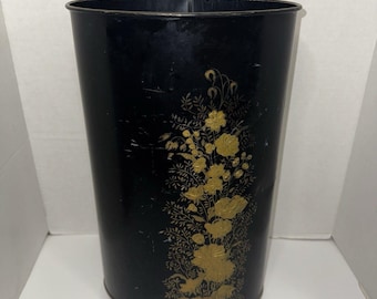 Papelera vintage de metal Ransburg con diseño floral, color negro y dorado, de mediados de siglo, EE. UU., década de 1950, alta