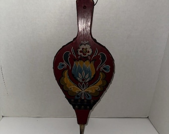 Vintage Fireplace Bellows Folk Art Hand Painted Wood Leather Hearth Decor
