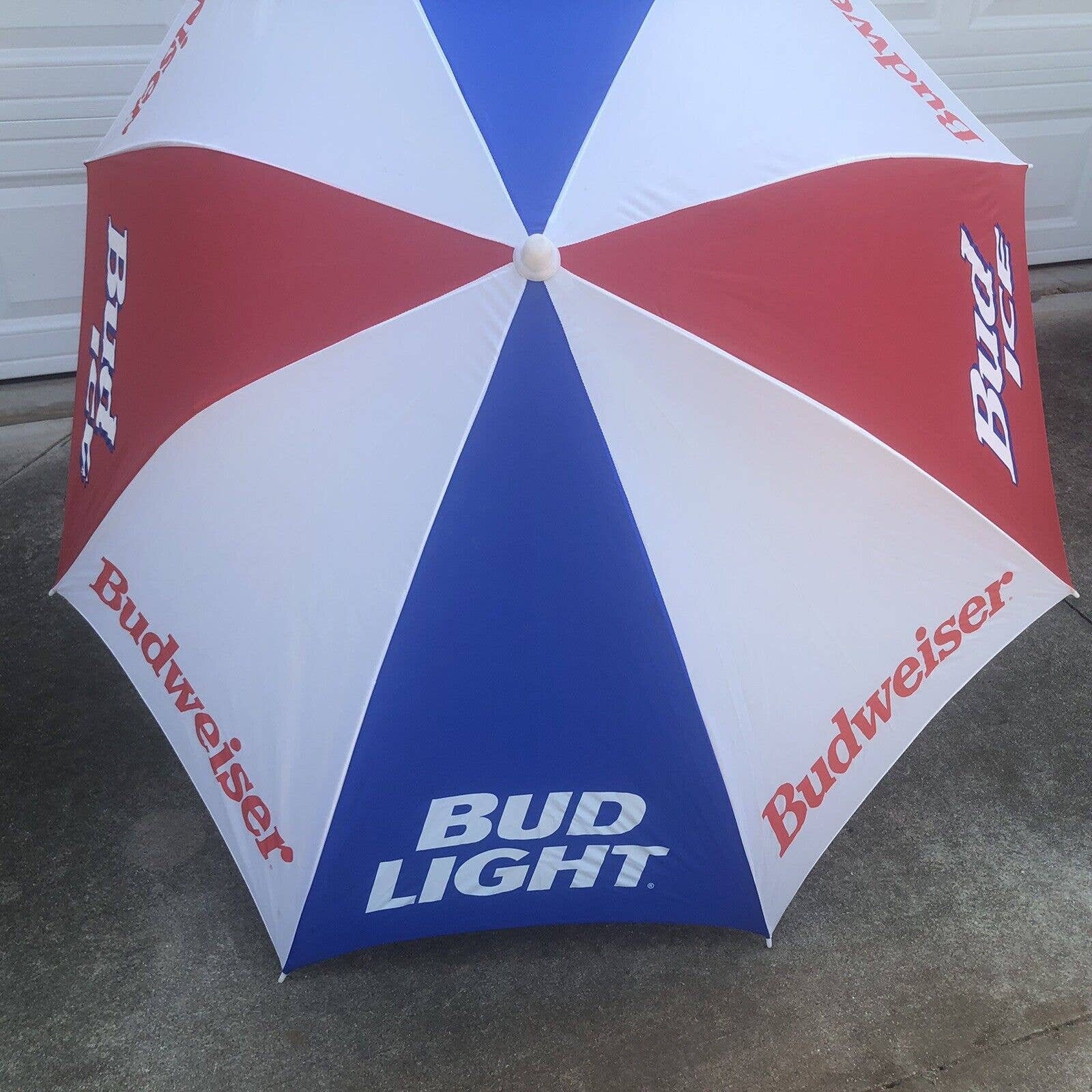 budweiser patio umbrella VTG 90s Budweiser Bud Light Bud Ice Beach Patio Umbrella Red White Blue 7  Foot