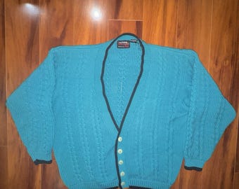 Cardigan vintage Joseph Benjamin in cotone a trecce, taglia L da uomo, colore verde acqua.