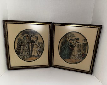 Vintage French Fashion Prints Gilquin Fils Paris Framed Set of 2 Victorian Women