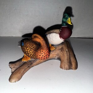 Può includere: Una statuetta in ceramica di due anatre appollaiate su un finto ramo di legno. Un'anatra ha la testa verde, il petto marrone e le ali bianche e marroni. L'altra anatra ha piume arancioni e marroni. Entrambe hanno zampe gialle.