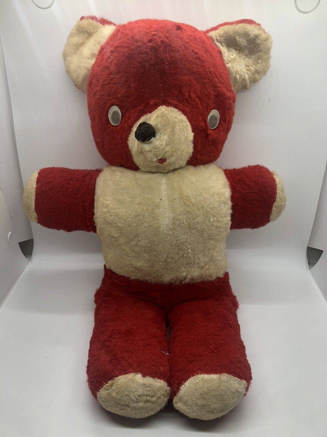 Vintage 50s Carnival Teddy Bear Red White 1950's 18" Jingle Bell in Ear ...