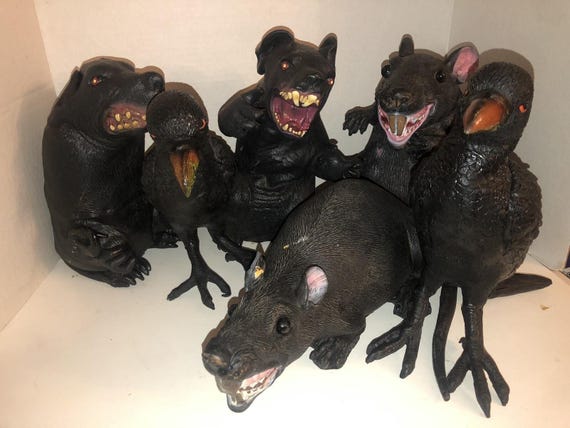 VTG 90s Halloween Scary Evil Eyed Rat Crows Set of 6 Rubber