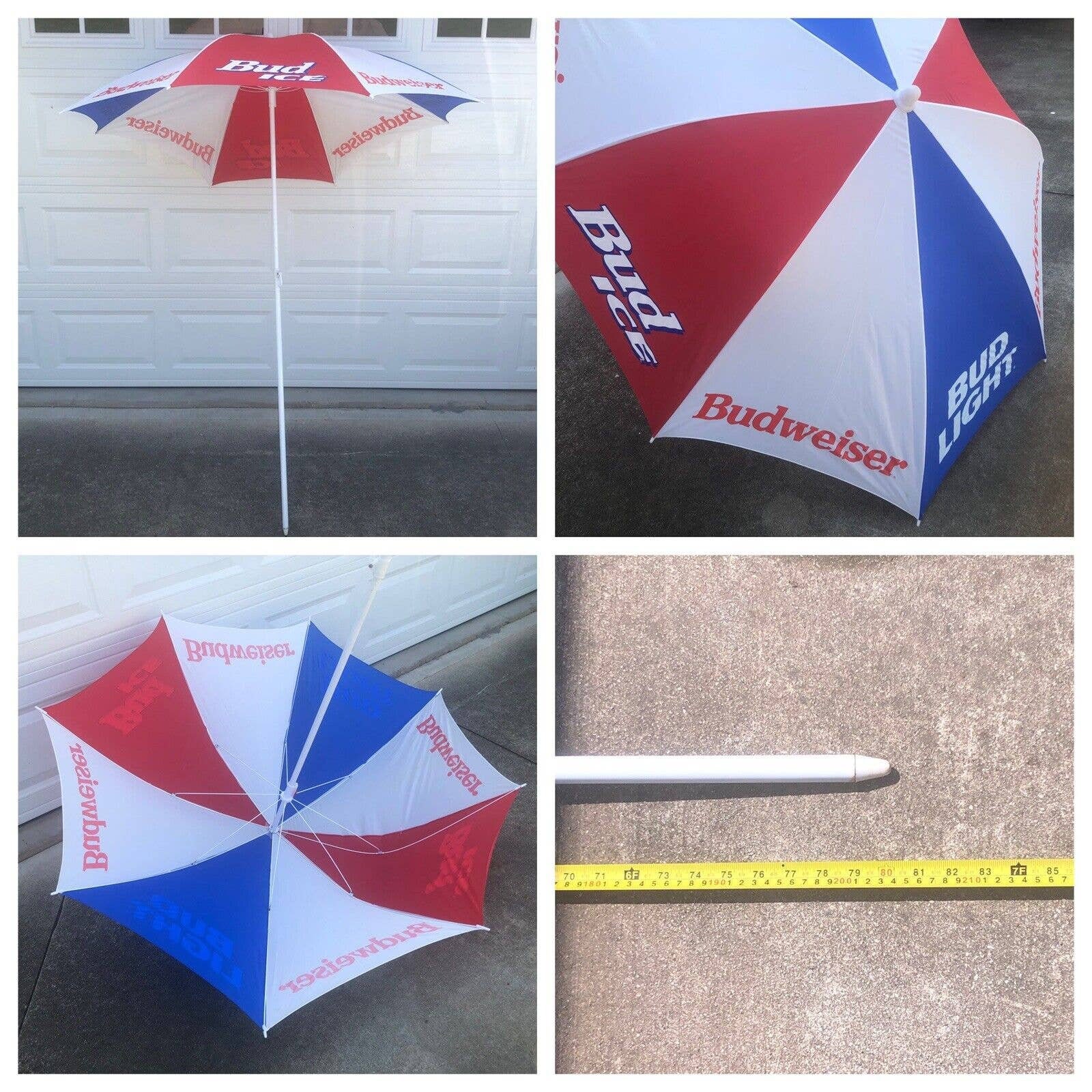 bud lite patio umbrella VTG 90s Budweiser Bud Light Bud Ice Beach Patio Umbrella Red White Blue 7  Foot
