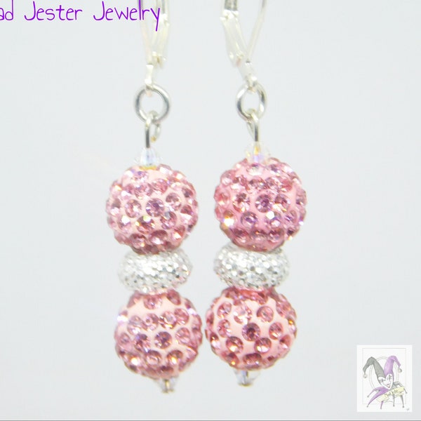 Rose Pink Sparkly Disco Ball Bead and Rhinestone Dangle Lever-back Earrings