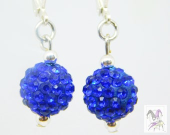Royal Blue Sparkly Disco Ball Bead and Silver Spacer Bead Leverback Dangle Earrings: Lightweight