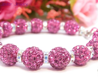 Sparkly Dark Pink Shamballa Bead and AB Bead Bracelet with Extender Chain: Adjustable