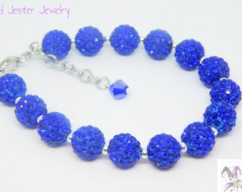 Royal Blue Sparkly Disco Ball Bead and Silver Bead Adjustable Bracelet with Extender Chain