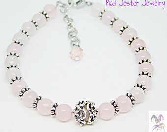 Rose Quartz Healing Crystal Bracelet: Antiqued Silver, Adjustable