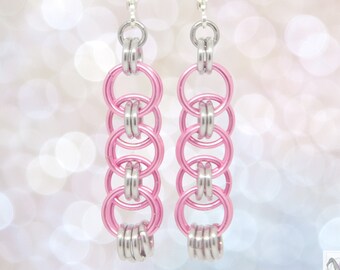 Pink and Silver Helm Weave Chainmaille Dangle Earrings