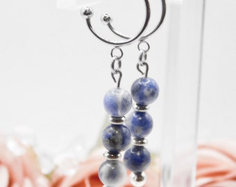 Semi-Precious Sodalite Blue and White Beaded Hoop Dangle Earrings
