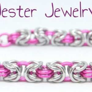 Raspberry Pink and Silver Tone Byzantine Chainmaille Bracelet