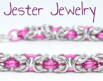 Raspberry Pink and Silver Tone Byzantine Chainmaille Bracelet