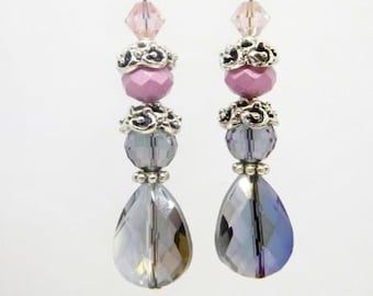 Lilac and Pink Beaded Crystal Dangle Earrings