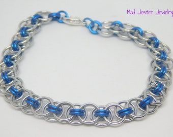 Silver-Tone and Lapis Blue Helm Weave Chain Maille Bracelet