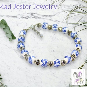Blue and White Floral Beaded Bracelet: Adjustable, Extender Chain